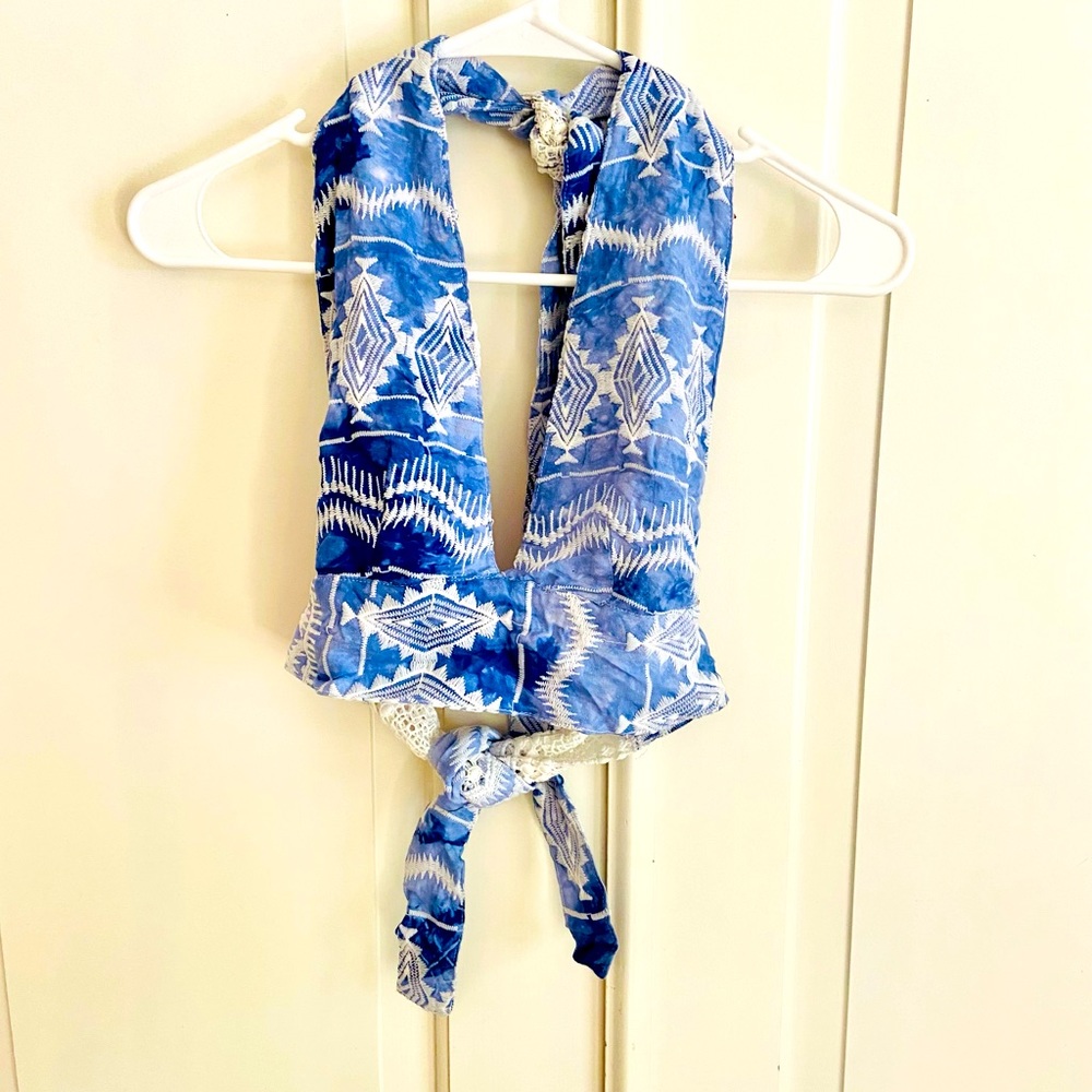 MINKPINK Crochet and Chambray Linen Halter Crop Top